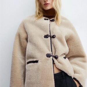 Mango Beige Faux-Shearling Teddy Jacket with Toggle Closures